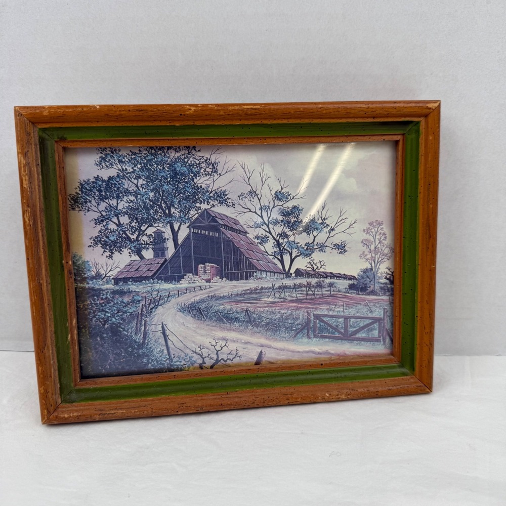 Vintage Robert Van Allen Framed Barn Landscape Art Print Country Farmhouse Decor